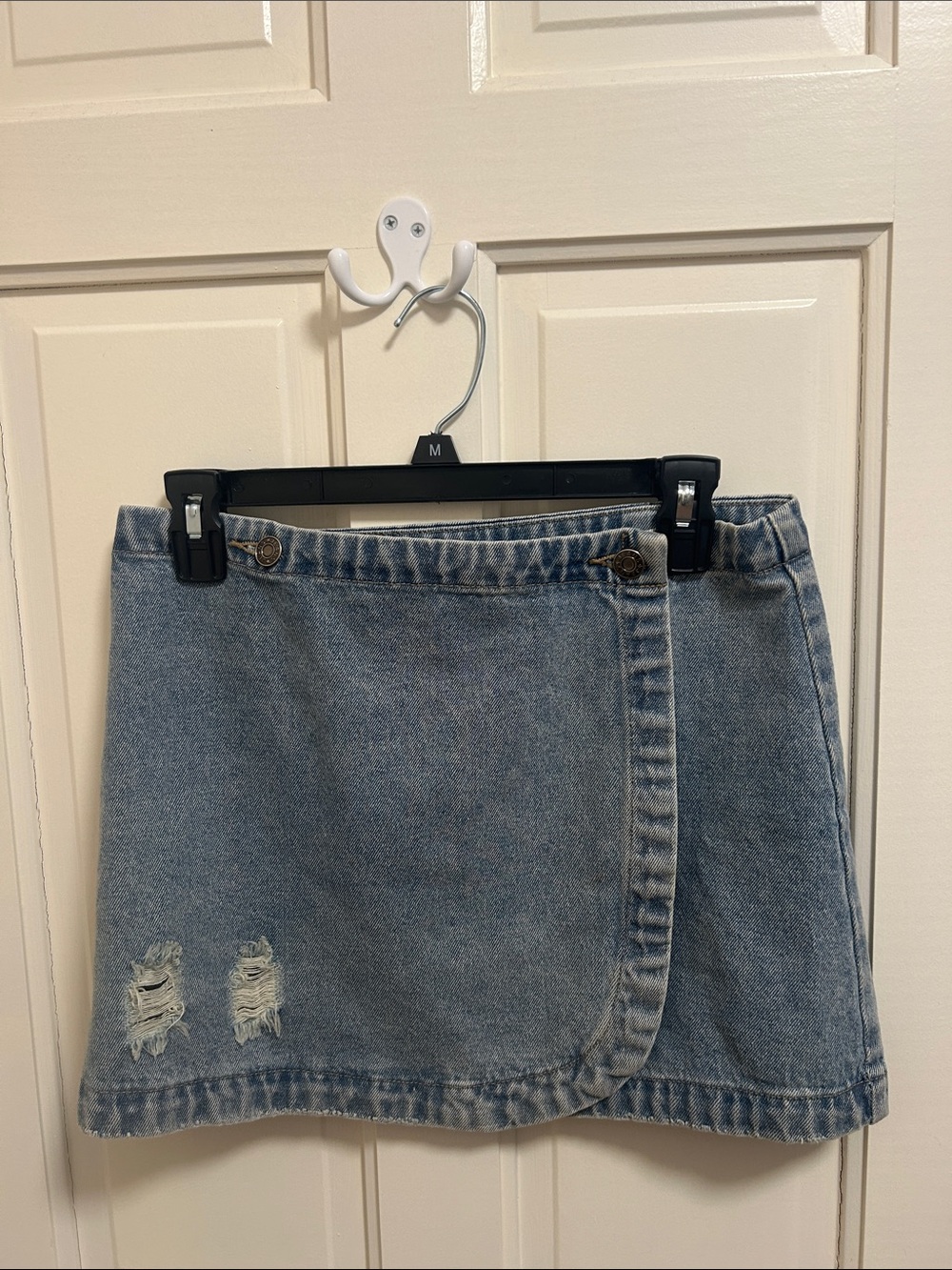 Light Wash Denim Mini Skirt with Distressed Detail